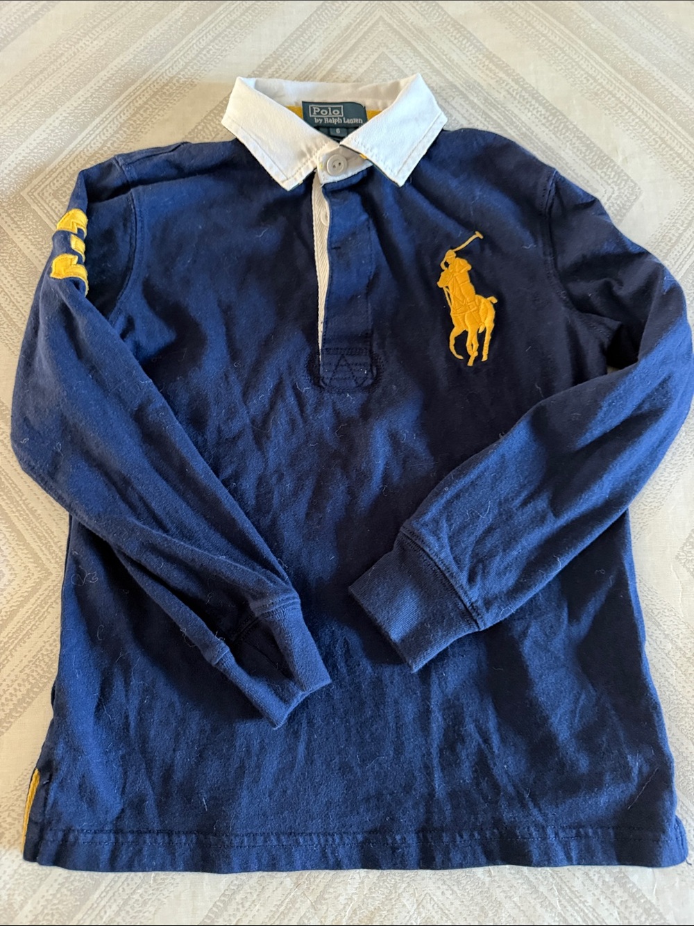 Polo Ralph Lauren Boys Size 6 Navy Rugby Shirt White Collar Yellow Pony Logo